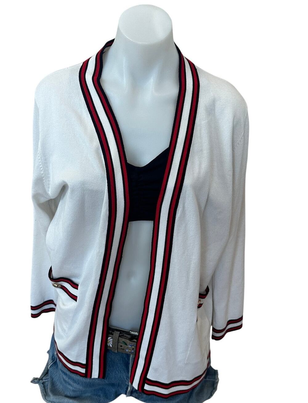 Essentials by Milano White Cardigan Sweater LARGE Red Blue Trim Preppy Academia